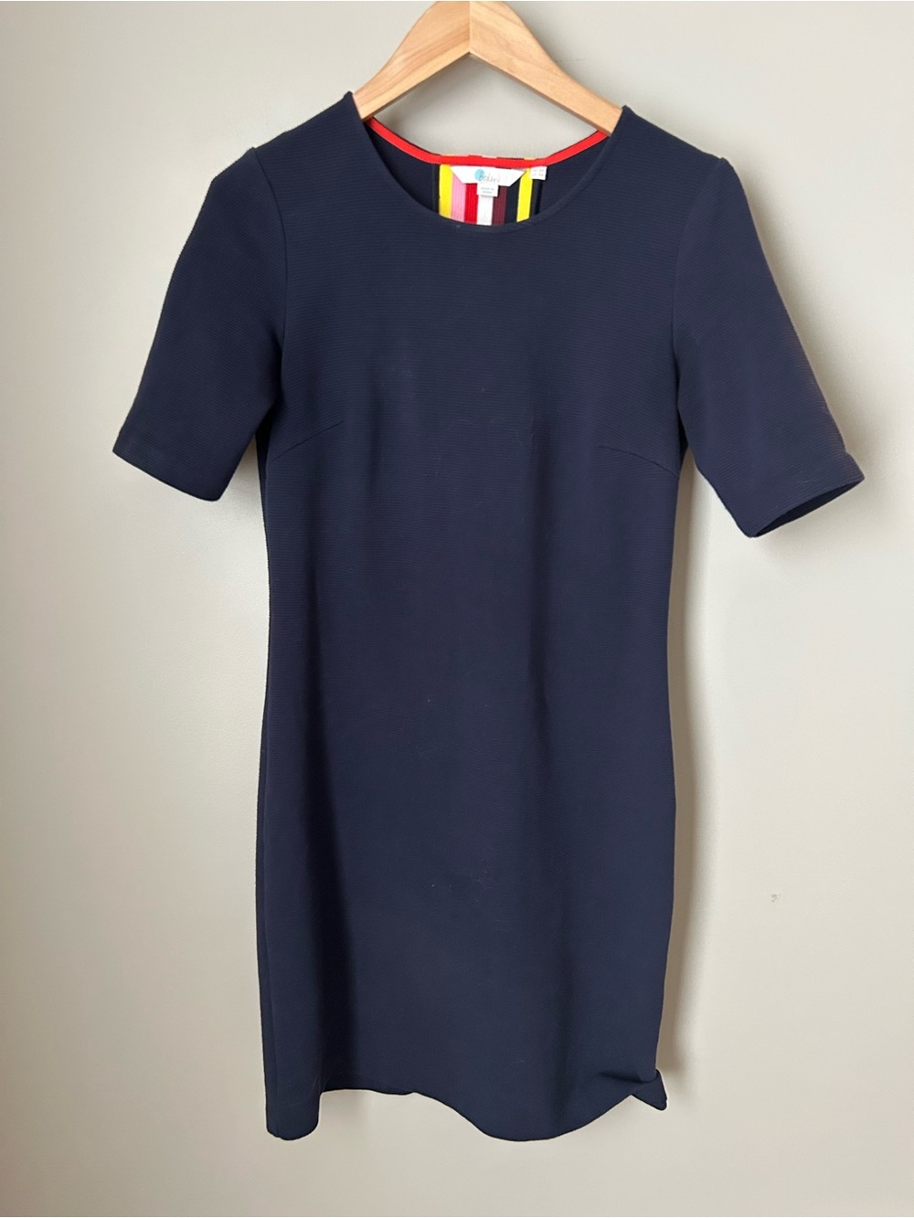 Boden Navy Short Sleeve Shift Dress with Stripe Neck Detail